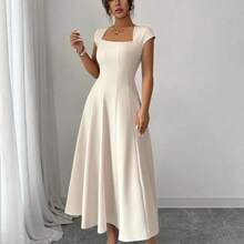 Elenzya Women's Elegant Commuting, Beach, Vacation, Music Festival, Beer Festival Solid Color Square Neck Waist Tie A-Line Short Sleeve Midi Dress, Spring/Summer - Rosa - Ver 7