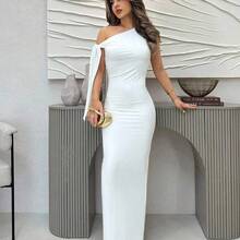 Women Solid White Asymmetrical Shoulder Tie Pleat Slit Elegant Graduation Dress,Summer Dresses For Women,White Graduation Dress - Verde militar - Ver 2