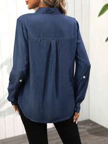Camisa de mujer informal de manga larga con botones y bolsillo delantero, adecuada para uso al aire libre en otoño - Azul lavado oscuro - Ver 2