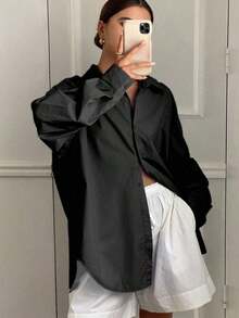 Blusa suelta de manga larga con cuello vuelto, abertura en la espalda y lazo, unicolor, ropa de otoño para mujer - Negro - Ver 3