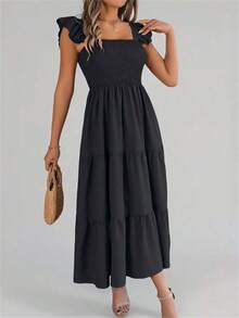 Nuevo vestido midi de unicolor con cuello cuadrado, casual, con espalda descubierta, volantes y sin mangas, color caqui, elegante para primavera/verano - Negro - Ver 5
