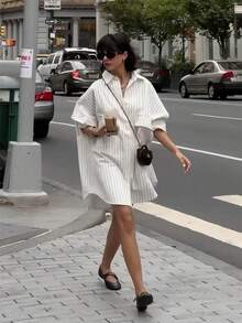 Cárdigan holgado vintage con bolsillo, blusa/top casual elegante con botones y manga larga a rayas verde, para mujer, atuendo primaveral/veraniego, para días festivos/Día de San Valentín - Blanco - Ver 3