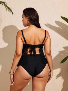 Swim Lushoire Conjunto de tankini de traje de baño de unicolor con diseño calado para mujer de talla grande - Negro - Ver 2