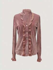 Blusa de terciopelo rosa para mujer, camisa de dama con parches de encaje de unicolor, uso elegante para todos los días en primavera - Rosa vieja - Ver 6
