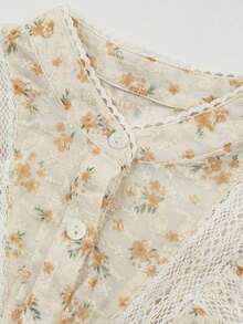 ii Blusa de encaje y estampado con parches, elegante y casual para vacaciones - Albaricoque - Ver 8