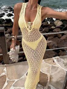 Vestido Maxi de Punto Ajustado con Cuello en V y para Mujer, Primavera/Verano 2026, Marrón, Textura Calada, Estilo Boho, Elegante Casual para Playa y Vacaciones, Vestido Largo - Blanco marfil - Ver 6