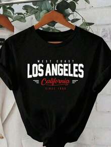 Camiseta Gráfica de Los Ángeles para Mujer, Casual, de Manga Corta y Cuello Redondo, con Tela de Poliéster Ligeramente Elástica para Ropa Urbana - Negro - Ver 4