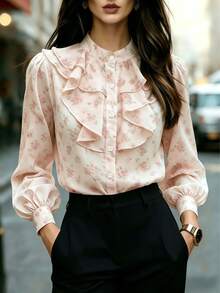 Women's Floral Chiffon Shirt, Stand Collar Long Sleeve Ruffle Button Top, For Daily, Home, Holiday, Travel, Date, Spring Summer Fall Vacation Pink - Pink - View 6