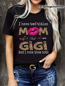 Women's Plus Size Leopard Print Glitter T-Shirt "Mommy Gigi" | "I Have Two Titles: Mom And Gigi" - Casual Short Sleeve Crew Neck Sweater, Machine Washable, Perfect Mother's Day Gift, Everyday Wear, Bold Text Style - 黑色 - 查看 7