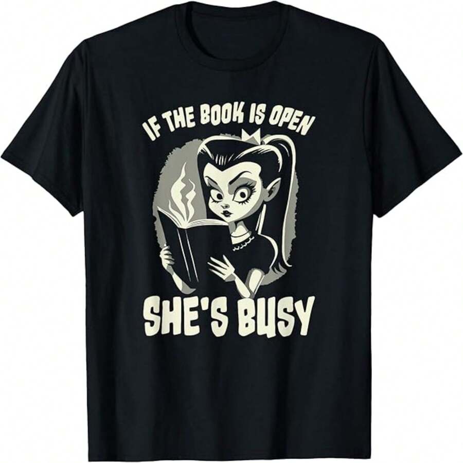 Casual Women's Cotton Round Neck Short Sleeve T-Shirt with Graphic Print If The Book Is Open Shes Busy - Negro - Ver 1