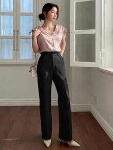 Pantalones casuales de mujer con bolsillo delantero liso, estilo casual de negocios, pantalones de vestir de mujer de talle bajo - Negro - Ver 2