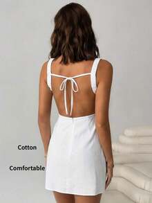Vestido mini sin espalda y sin mangas con rayas azules tejido para mujeres - Blanco - Ver 6