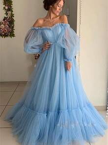 Elegant Off-The-Shoulder Dress With Long Tulle Sleeves And A Princess Cut. - 杏色 - 查看 3