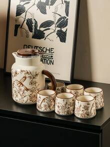 DearDali 1pc 38.8oz Vintage Beverage Pitcher With Brown Sketch Floral & Bird Pattern, Ceramic Water Bottle Summer Cold Drink Teapot, Ideal Cold Drink Container, Home Desktop Decor, Suitable For Daily Kitchen Use And Gift - Multicolor - View 14