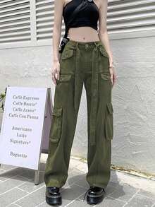 Pantalones cargo de pierna recta de talle medio sin elasticidad, múltiples bolsillos utilitarios y cinturón con cordón, estilo casual streetwear - Verde - Ver 5