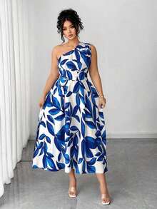 Vestido elegante de mujer de talla grande con estampado floral azul y blanco, elegante y chic para fiestas, graduaciones, vacaciones, festivales, citas, bodas y salidas - Azul y blanco - Ver 3