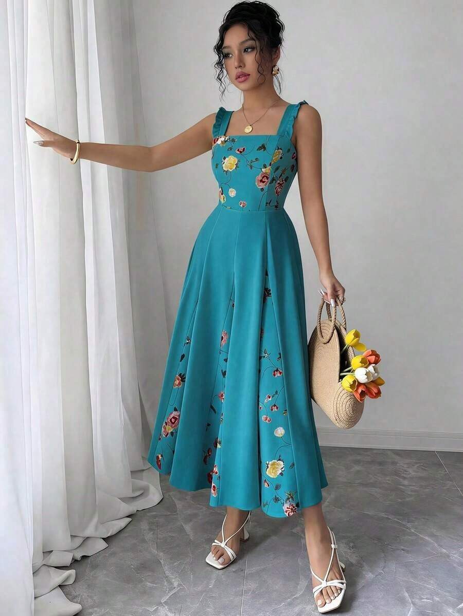 Vestido de línea A con estampado de patchwork en la cintura para mujer, elegante para vacaciones, viajes y uso diario, sin mangas - Agua verde azul - Ver 1