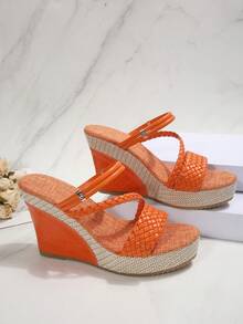 Women's Linen Platform Wedge Sandals, Summer Woven Stone Pattern Dual-Wear Orange Beach Vacation High Heel Slippers - Orange - View 7