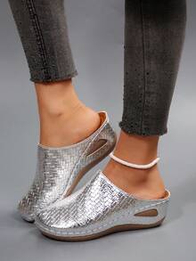 Elegant Fashion Women's New Platform Slip-On Mules, Comfortable Soft Sole Suitable For Spring/Autumn, Home, Walking, Commuting - Silver - View 8