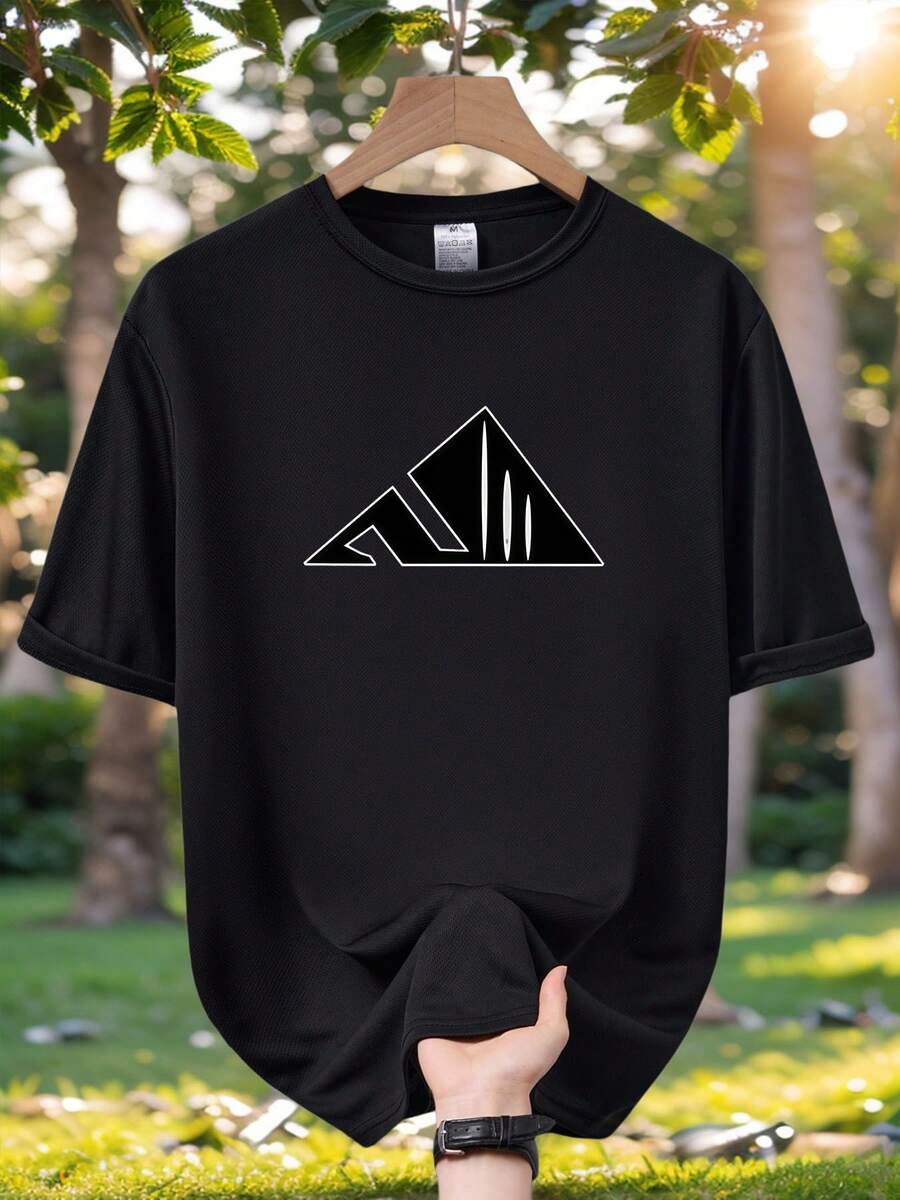 Camiseta deportiva geométrica triangular con logotipo para hombre 2026 - Estilo casual deportivo, cómoda y suave para la piel, 100%, diseño de estampado con logotipo triangular de líneas geométricas limpias, cuello redondo, camiseta de manga corta de verano a la moda