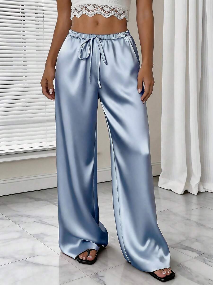 1pc Solid Color Drawstring Pocket Pants, Suitable For Home, Daily Wear, Holidays, Singles Party, Satin, All Seasons Spring - Sky Blue - View 1