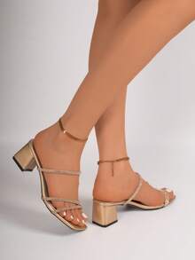 Rhinestone Thick Heel Mules, Featuring Backless Mule Sandal Style, Highlighting Rhinestone Decor And Square Toe Thick Heel Design, Popular For Summer Party And Date Occasions - Gold - View 3