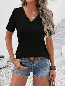 Women's Casual Short-Sleeved T-Shirt With Round Neck And Heart Print, New Spring-Summer Collection. Very Popular New Arrival. - 黑色 - View 1