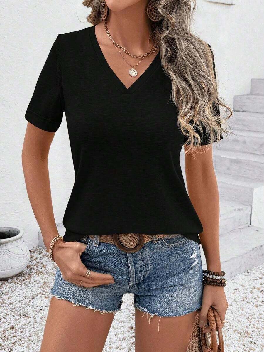 Women's Casual Short-Sleeved T-Shirt With Round Neck And Heart Print, New Spring-Summer Collection. Very Popular New Arrival. - 黑色 - View 1