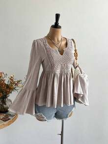 Blusa casual de mujer con mangas acampanadas en color amarillo, estilo bohemio adecuada para Pascua, playa, Hawái, festival de música Coachella, vacaciones tropicales - Ahora - Ver 4