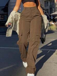 Pantalones cargo casuales negros de primavera con bolsillo con solapa lateral - Café integral - Ver 6