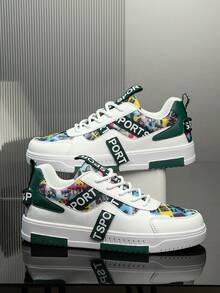 Men's Multi-Color Random Print Patchwork Lace-Up Casual Sneakers, Niche Letter Ribbon Design Everyday Commute Sports Skateboard Shoes - White and green - View 2