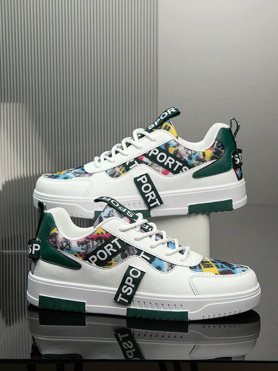 Men's Multi-Color Random Print Patchwork Lace-Up Casual Sneakers, Niche Letter Ribbon Design Everyday Commute Sports Skateboard Shoes