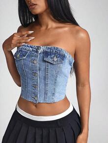 Top tipo bustier corto de mezclilla con botones delanteros de moda - Azul lavado medio - Ver 1