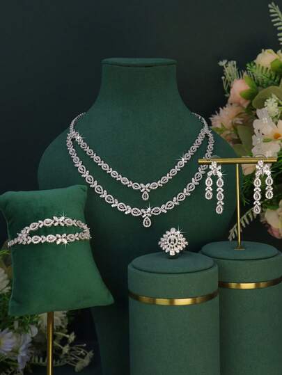 5pcs White Gold Plated Luxury Royal Style Bridal Jewelry Set, Handset White Cubic Zirconia Double-Layer Design, Including Necklace, Bracelet, Earrings, Ring, Suitable For Daily Wear And Wedding, Wedding Anniversary Gift (Deluxe Gift Box Packaging) Complimentary