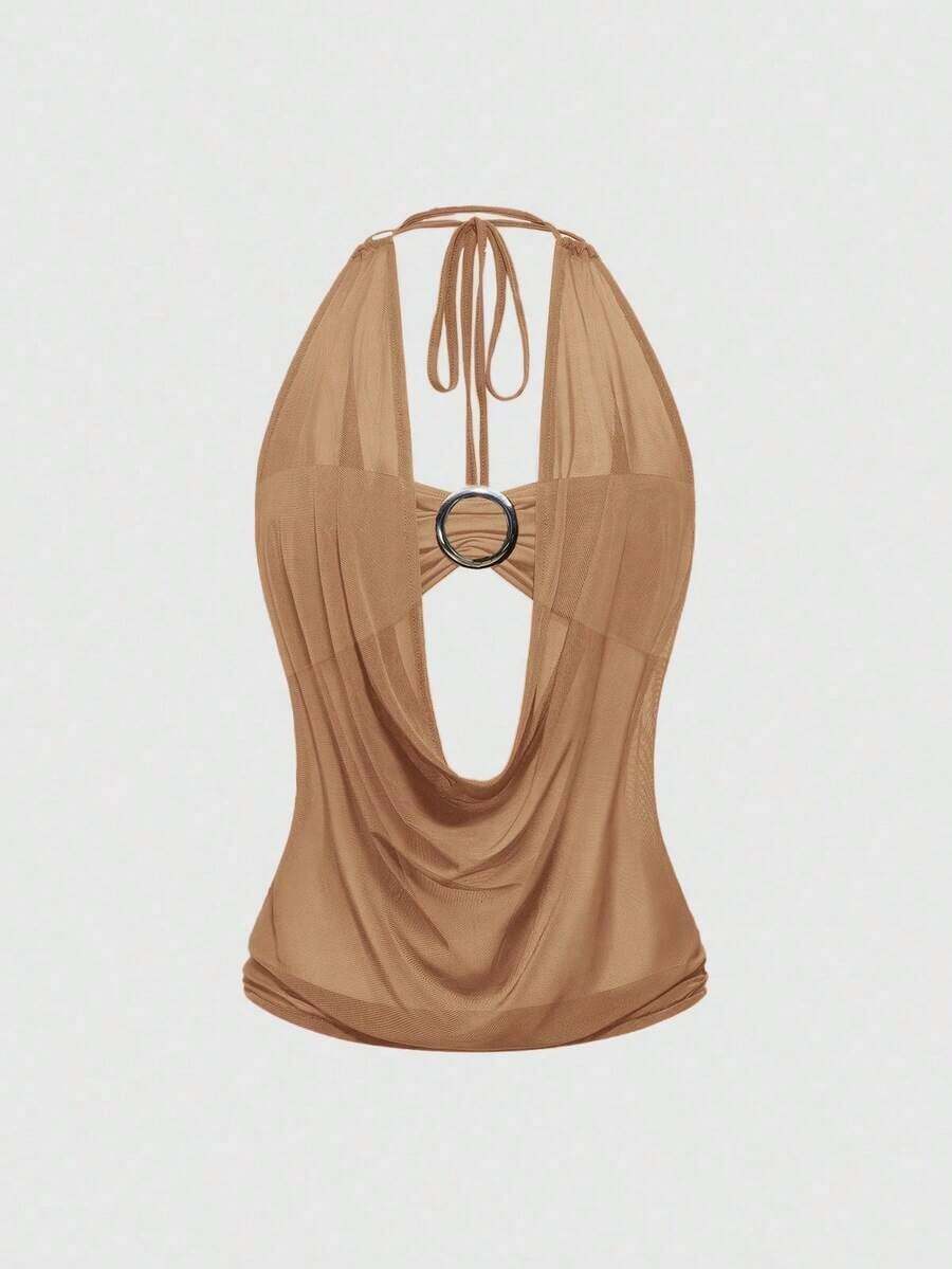 Top sin tirantes estilo retro Y2K para mujer, primavera/verano, con escote profundo y espalda descubierta, estilo callejero (incluye forro de tubo). - Caqui - Ver 1