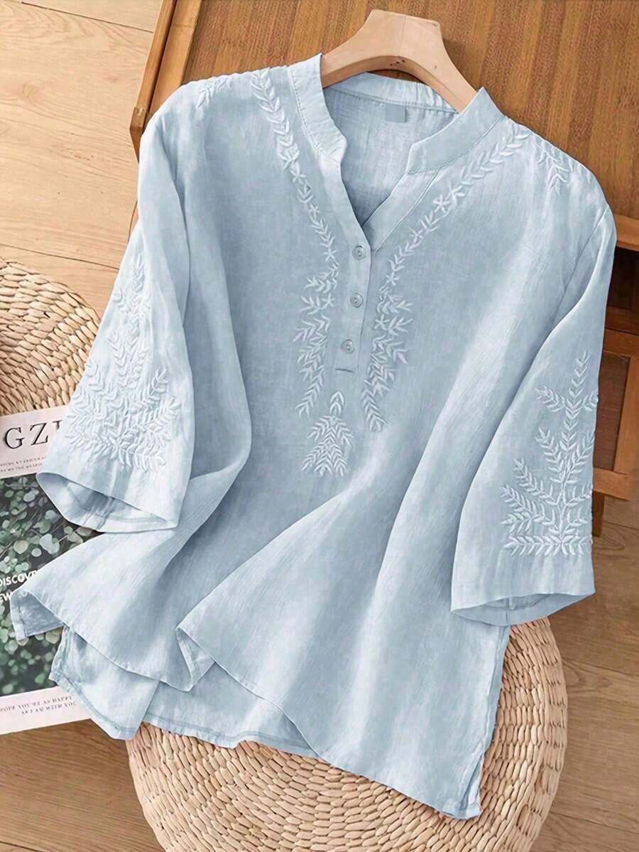 Blusa de lino holgada, informal, con bordado asimétrico de unicolor para primavera y verano para mujer - Azul - Ver 1