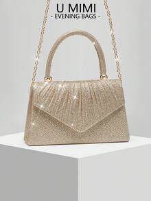 New Pleated Shiny Evening Bag, Bridal Wedding Clutch, Versatile Handbag With Shoulder Chain, Suitable For Weddings, Galas, Parties, Meetings. Best Gift For Women - Champagne - View 3