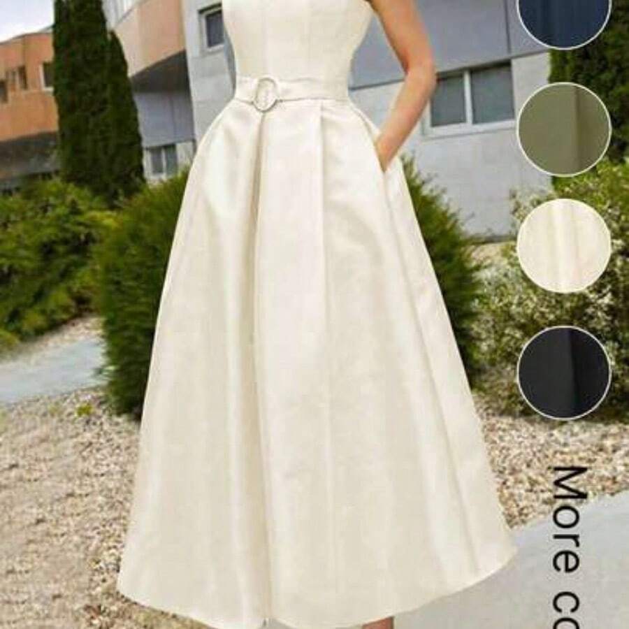 Women's Elegant Waist Belt A-Line Dress, New Spring/Summer Sleeveless V-Neck Urban Commuter Dress - Albaricoque - Ver 1