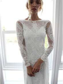 Vestido largo de encaje manga larga espalda descubierta elegante para mujer - Blanco - Ver 4