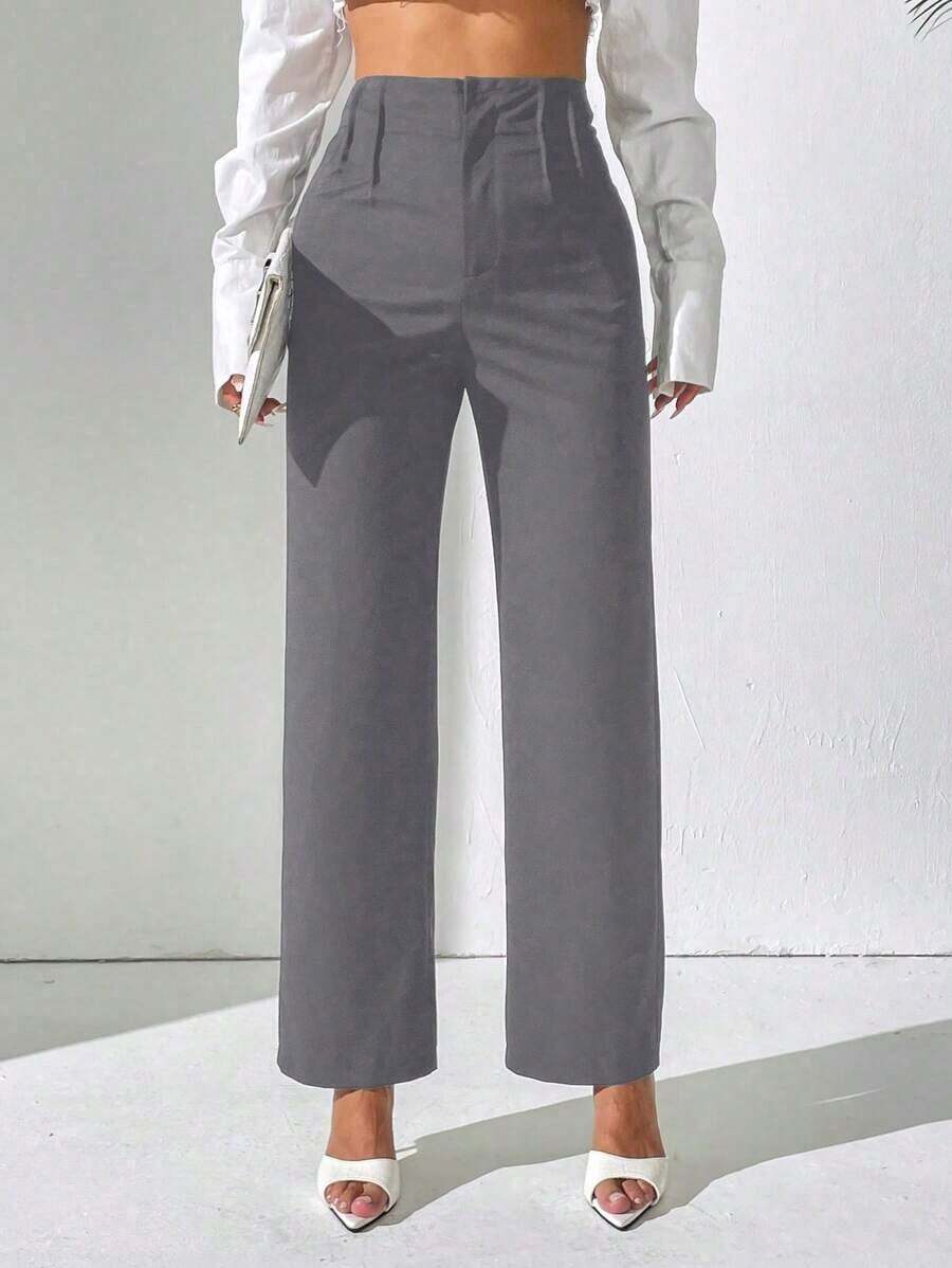 Pantalones rectos de cintura alta de unicolor casual para mujer - Gris - Ver 1