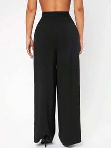 PETITE Pantalones De Vestir De Pierna Ancha Con Pliegues En La Cintura Alta - Negro - Ver 2