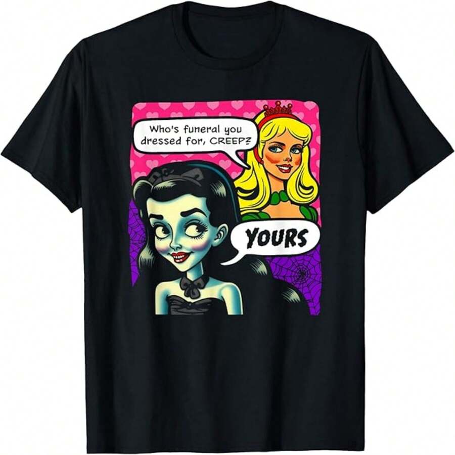 Womens Round Neck Short Sleeve Cotton Casual T Shirt with Spooky Funny Graphic Print Regular Length - Negro - Ver 1