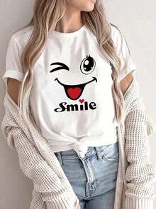 Women's White Short-Sleeved T-Shirt With Round Neck And Cartoon Print, Graphic Tee, Suitable For Summer, Autumn And Winter Outfits. - 白色的 - 查看 7