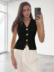 Blusa sin mangas de punto de un solo pecho con tirantes anchos, casual de verano, para otoño/invierno, verano, vacaciones, simple para ir al trabajo, con hebilla metálica única para oficina - Negro 2 - Ver 5
