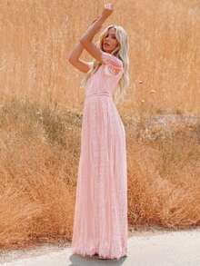 Vestido largo de gasa escote profundo elegante para otoño invierno - Rosa - Ver 4