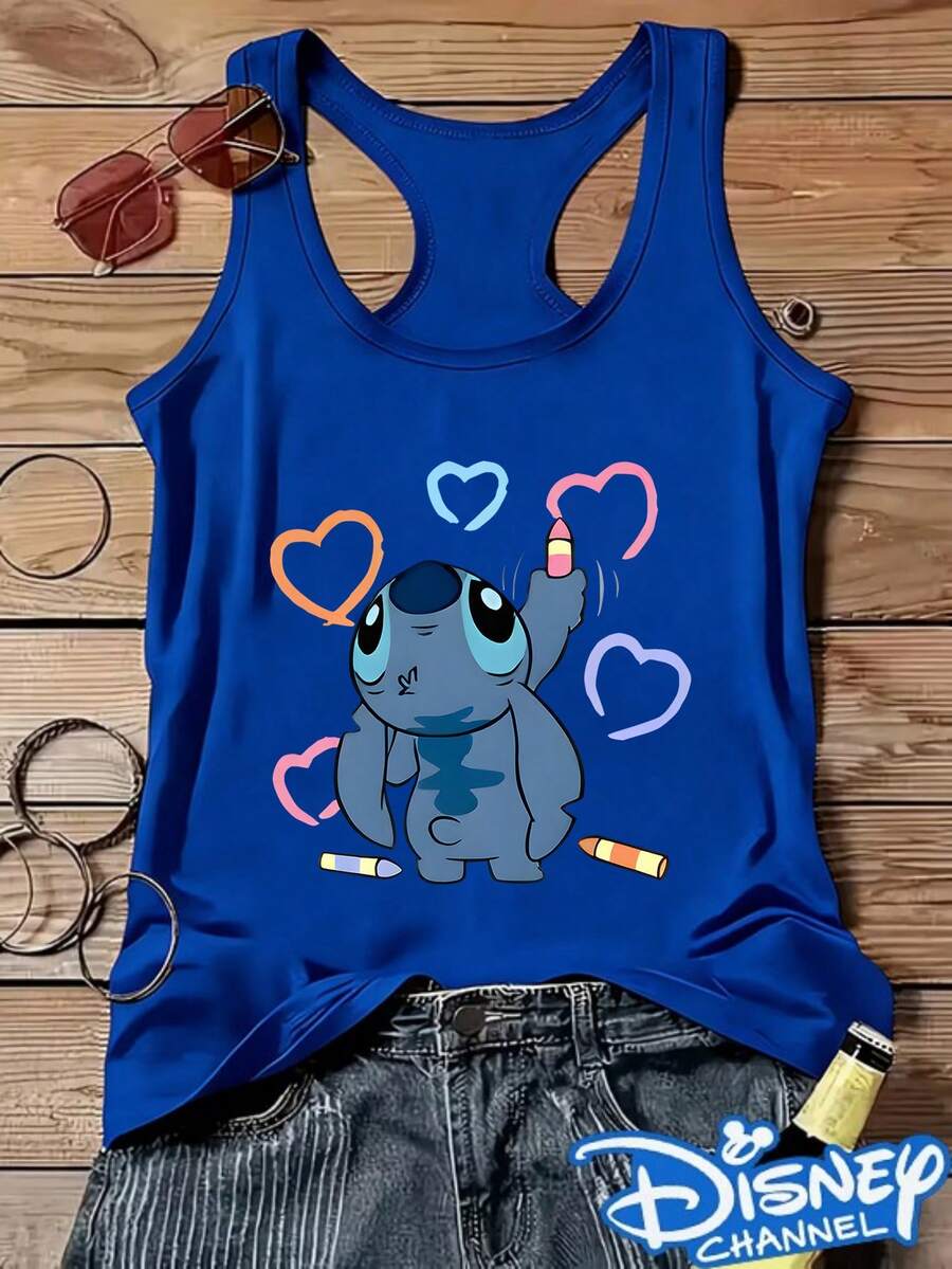 Disney Women'S Round Neck Sleeveless Vest, Shi Diqi Painted Love Prints, Commuting/Vacation/Home Versatile Items, Comfortable, Breathable, And Relaxed I-Shaped Version - 藍色 - 查看 1