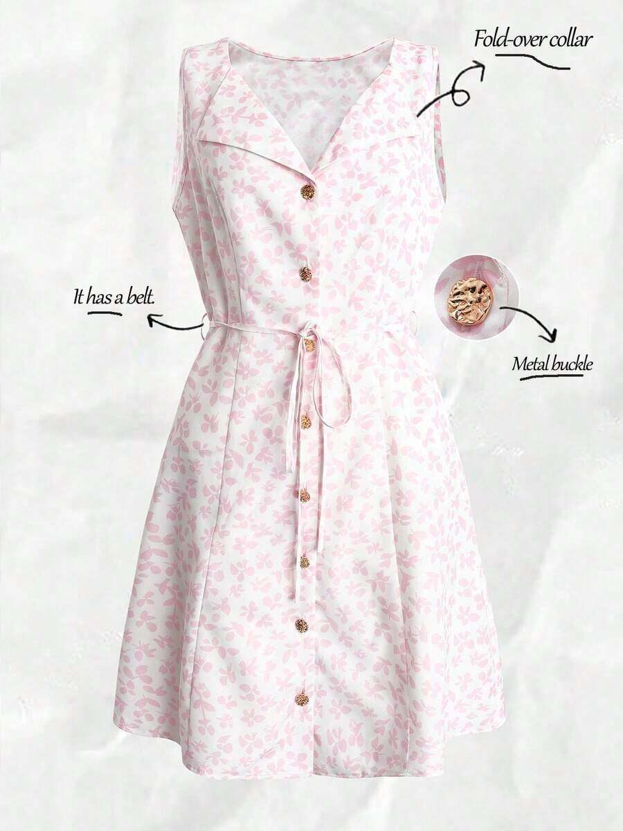 Vestido de mujer de estilo vintage lujoso con diseño de cuello en V profundo, botones dorados y estampado floral azul para vacaciones - Rosa - Ver 1