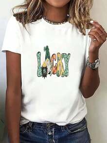 Printed T-Shirts For Women, Oversized Urban Style Tops, Comfortable And Stylish Summer T-Shirts That Go With Everything. Women's Short-Sleeved Crew Neck T-Shirt, Fashionable For Spring And Summer, Urban Style For All Four Seasons, Light Print, Literary Clothing For Women, Workwear, Party And Vacation Wear, Popular T-Shirt With Letter And Animal Prints, Cute And Black. - 白色 - 查看 6