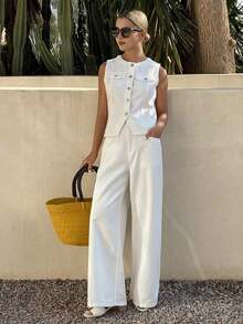Conjunto de top ajustado de cuello redondo sin mangas y jeans de corte holgado para mujer - Blanco 2 - Ver 6