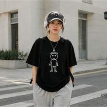 Envío local:Playera Negra para Mujer con Estampado de Personaje Minimalista, Camiseta Básica Manga Corta Cuello Redondo Cómoda para Verano, Estilo Casual Chic - Negro - Ver 7